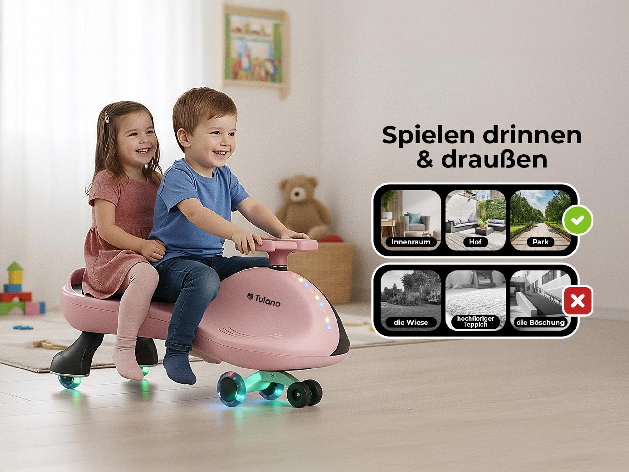 Rutschauto für Kinder Tulano Focus 35 Pink - Kinderfahrzeug ab 3 Jahren – Schwerkraftantrieb, LED-Räder, bis 100 kg - Auto Swing Car Rutscher