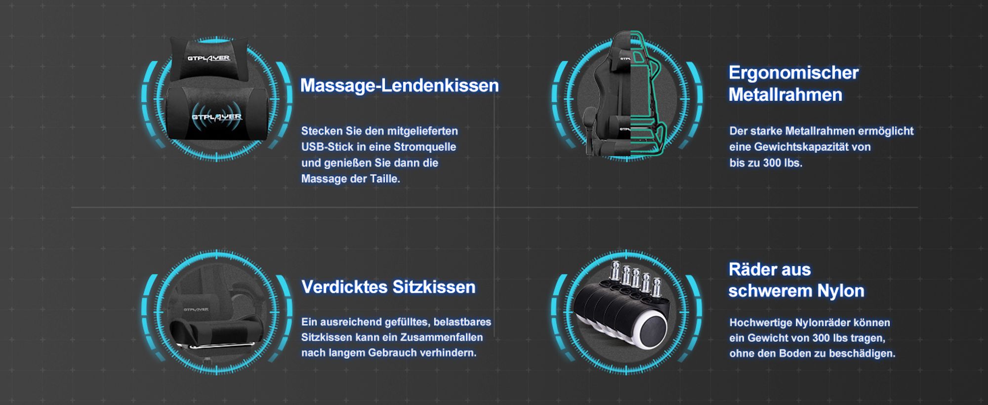 GTPLAYER Bürostuhl Gaming Stuhl Stoff Gaming Sessel Ergonomischer Gamer Stuhl mit Fußstütze, Kopfstütze Lendenkissen, Gepolstert Gaming Chair, schwarz