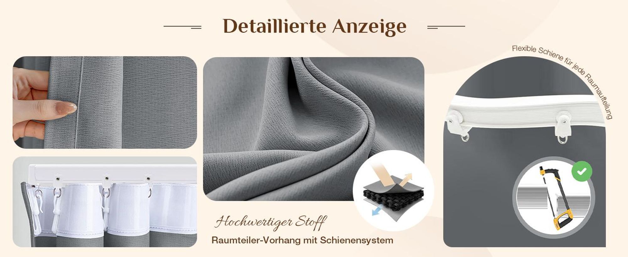 Extra Breite Vorhang Blickdicht Raumteiler mit Schiene Gardinen Vorhänge Türvorhang für Wohnzimmer Schlafzimmer, B254xH213cm, Grau
