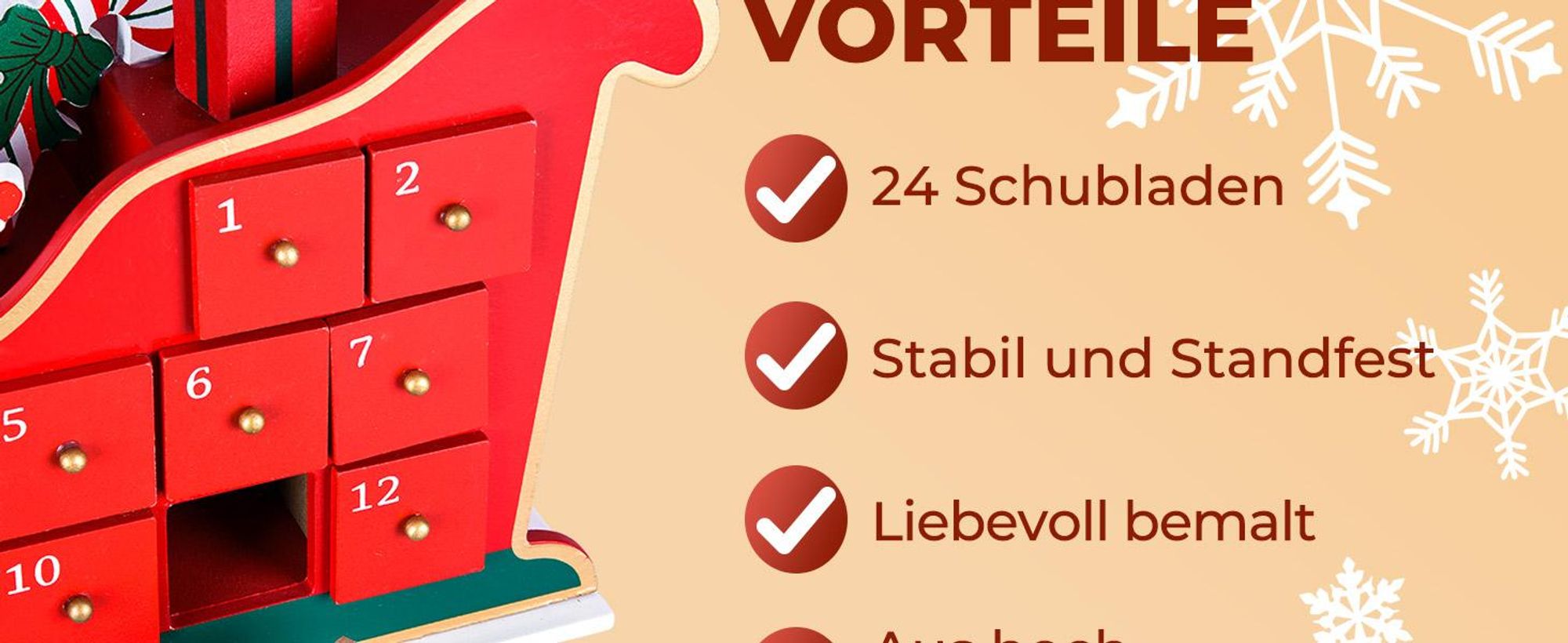 SPIELWERK® Wiederverwendbarer Adventskalender Schlitten zum Befüllen 24 Türchen Bunt Bemalt Weihnachten Kinder DIY weihnachtliche Holz Dekoration