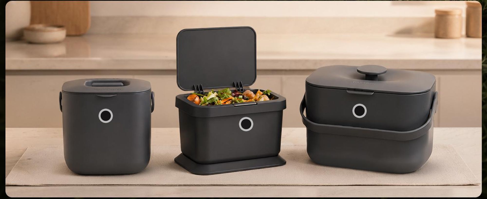 YourCasa Biomülleimer Küche 4L mit Aktivkohlefilter - Mülleimer Geruchsdicht, Komposteimer Küche, Edelstahlgriff, Creme