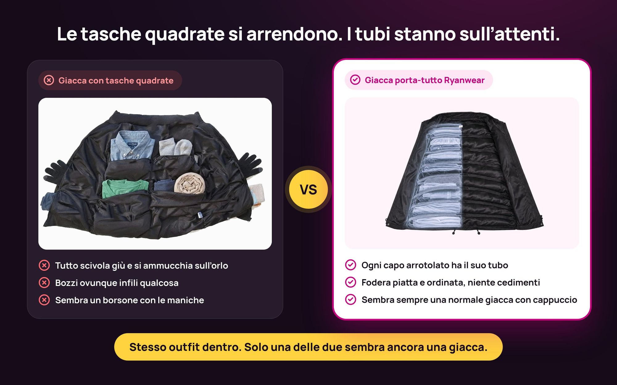 Confronto: giacca con tasche quadrate che cede vs Giacca porta-tutto Ryanwear con tasche a tubo