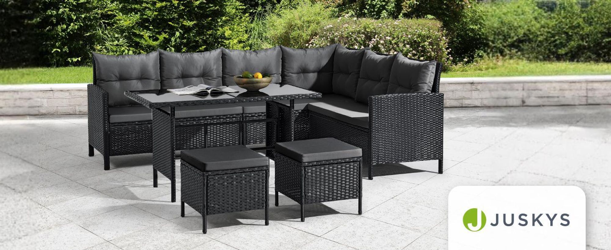 Juskys Polyrattan Lounge Manacor - Sofa, Tisch, Hocker & Kissen inkl. Abdeckung - Schwarz & Grau