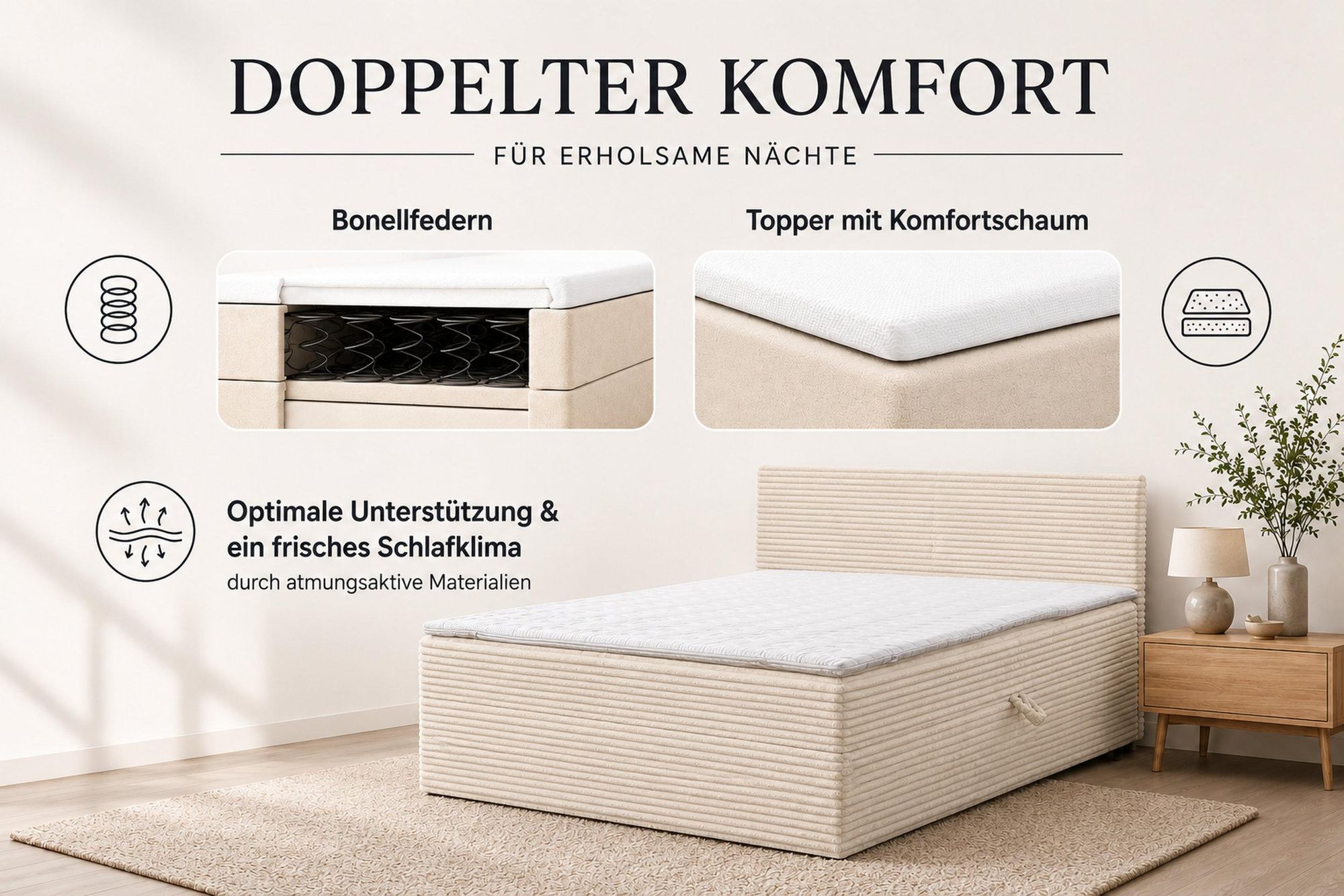VENASI Boxspringbett 140x200 mit Bettkasten, Tilly Doppelbett Schwarz Cordstoff