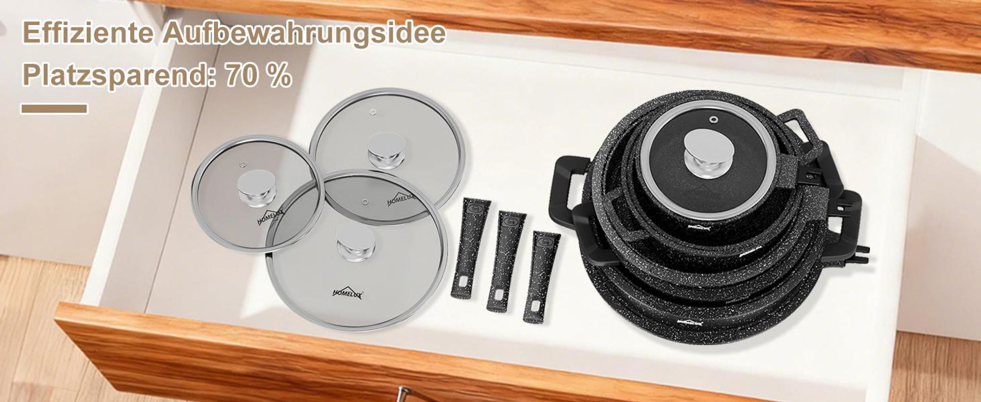 10-TLG Topfset Induktion mit Abnehmbarer Griff,Pfanne 24/28cm,Milchtopf 16cm,Kochtopf 20/24/28cm,Stapelbar für alle Herdarten,Ofenfest,Schwarz