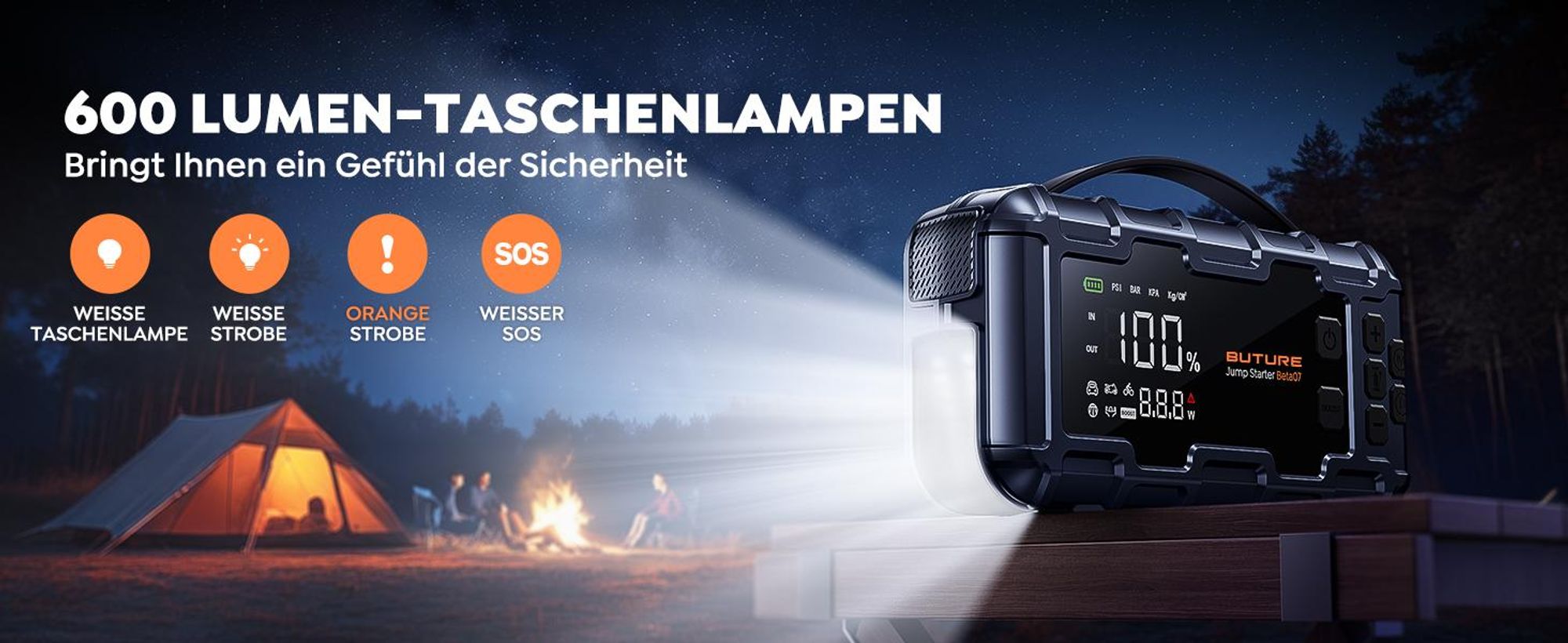 BUTURE Starthilfe powerbank für pk, 6000A Spitzenstrom, 26800mAh, 12V, 160 PSI Kompressor, Zwangsstart-Funktion, (Alle Benzinmotoren oder 12 L Diesel)