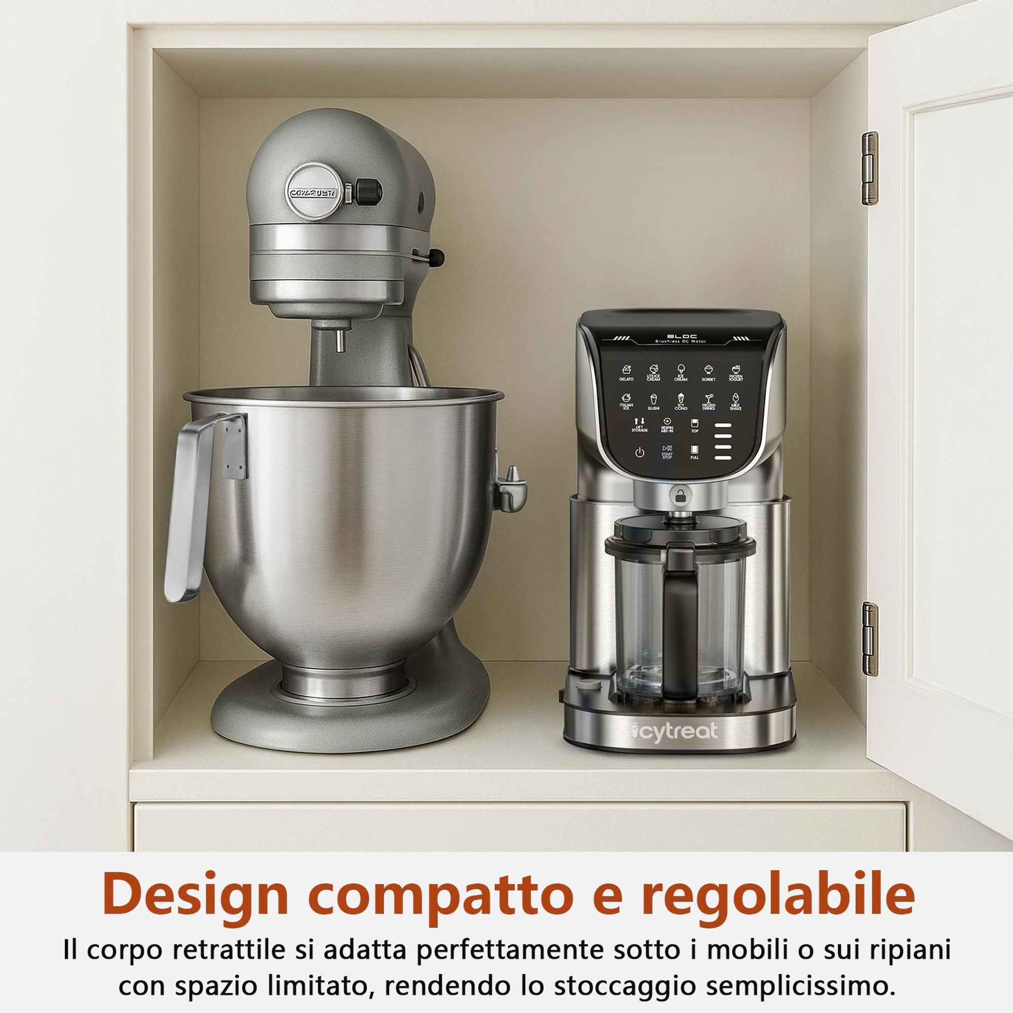 Gelatiera IcyTreat IC-1010 EU – Certificata CE – Completamente automatica, corpo in acciaio inox – Dotata di 3 contenitori e 12 programmi – Argento