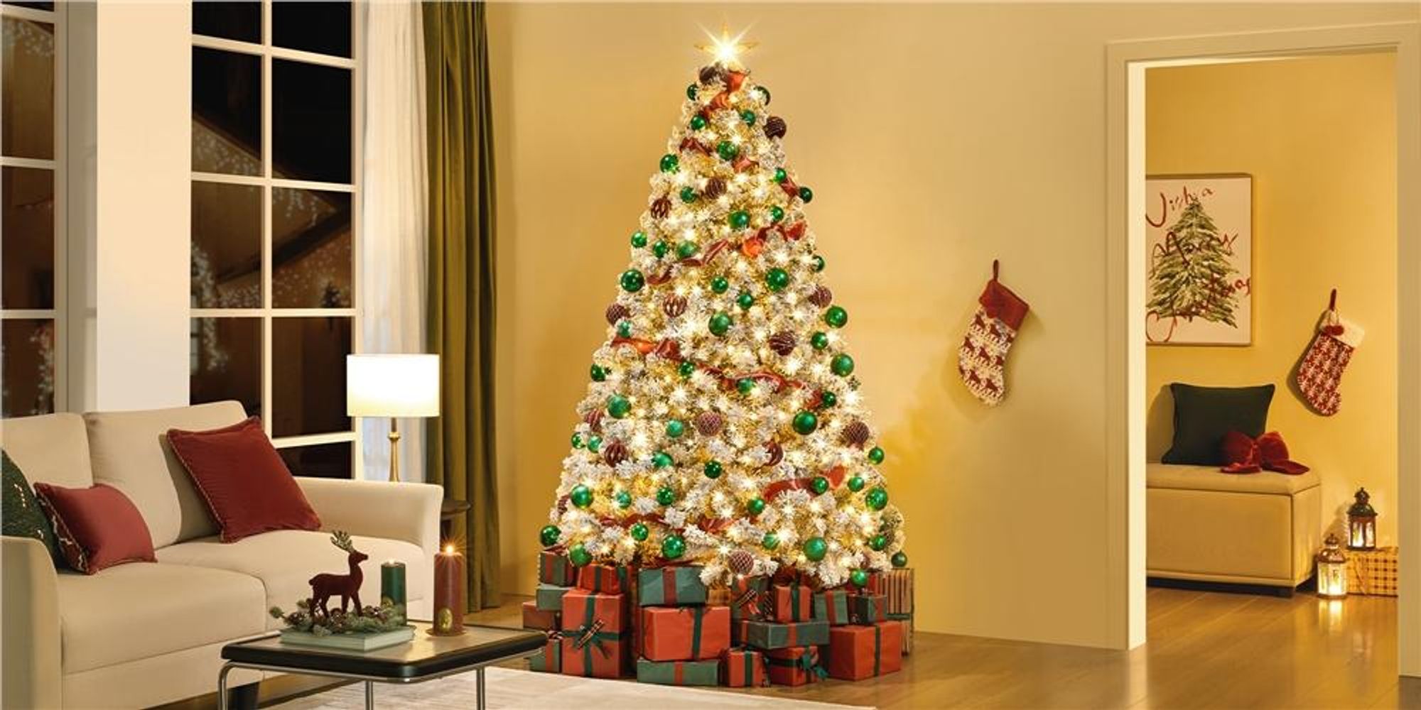 Yaheetech 213cm Künstlicher Weihnachtsbaum mit Schnee & 350 LED, ca.1000 Spitzen, Tannenbaum mit Metallständer, Weiß & Grün