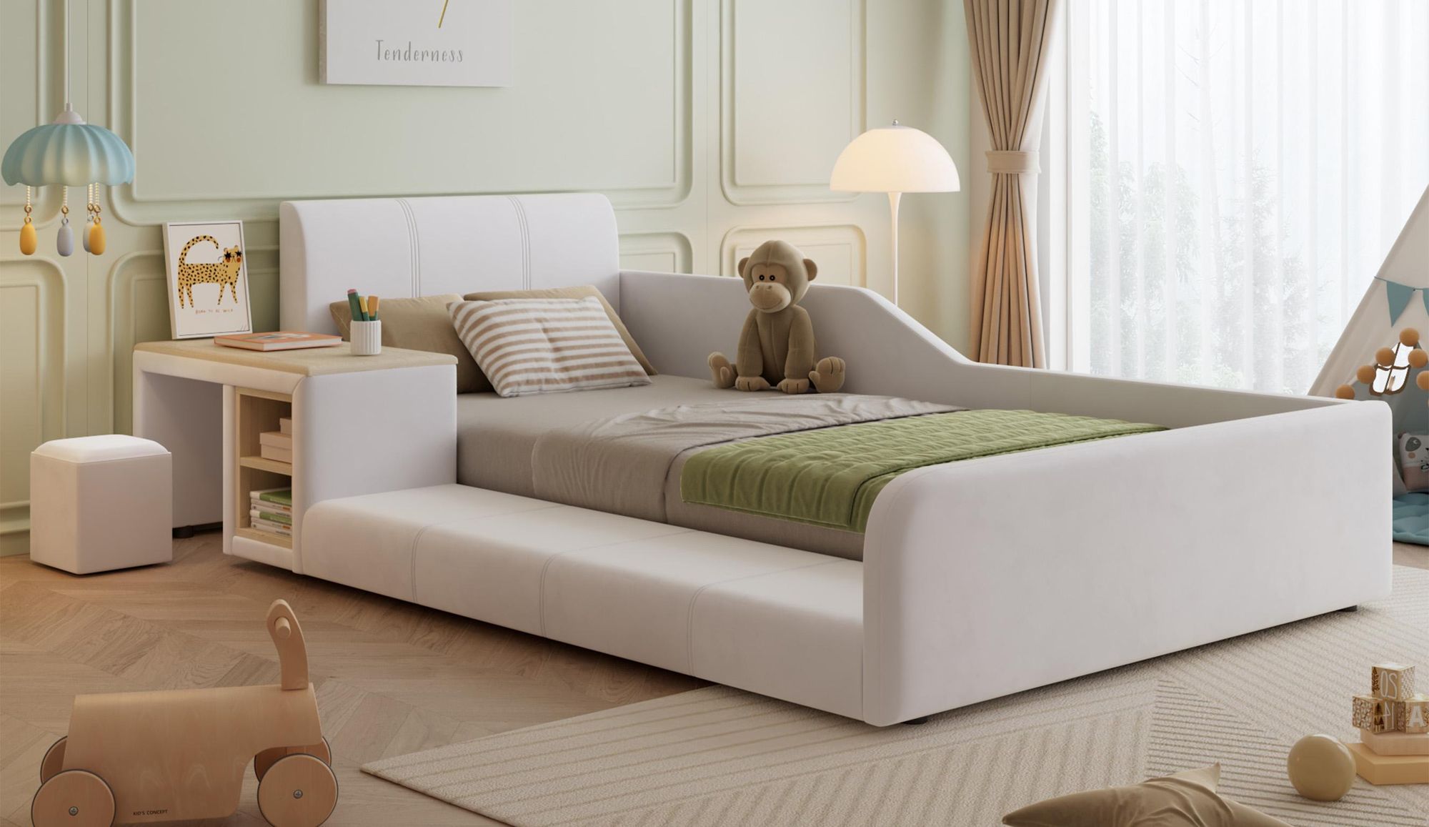 MODFU Kinder-Polsterbett 90x200 Einzelbett mit Lernschreibtisch,Jugendbett mit Hocker und Ablageboden,Kinderbett Bettgestell mit Holzlattenrost und weichem Kopfteil,ohne Matratze,Weiß