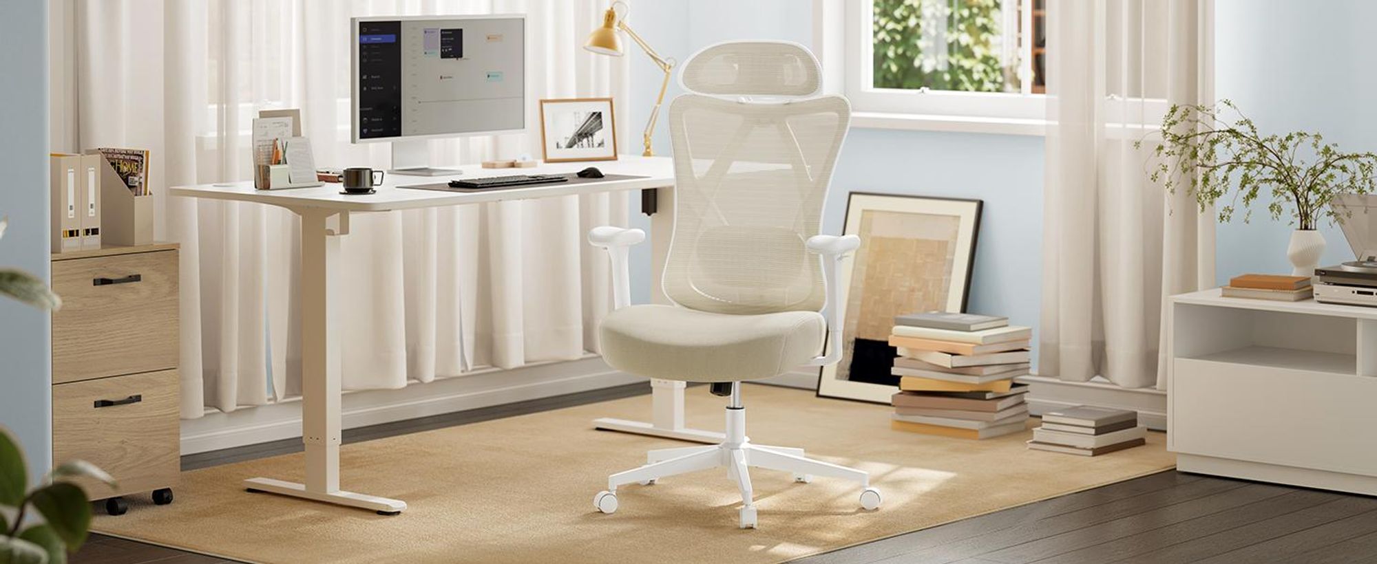 SONGMICS Bürostuhl, ergonomischer Schreibtischstuhl, Computerstuhl, Netzstuhl, verstellbare Lendenstütze und Kopfstütze, höhenverstellbar, beige