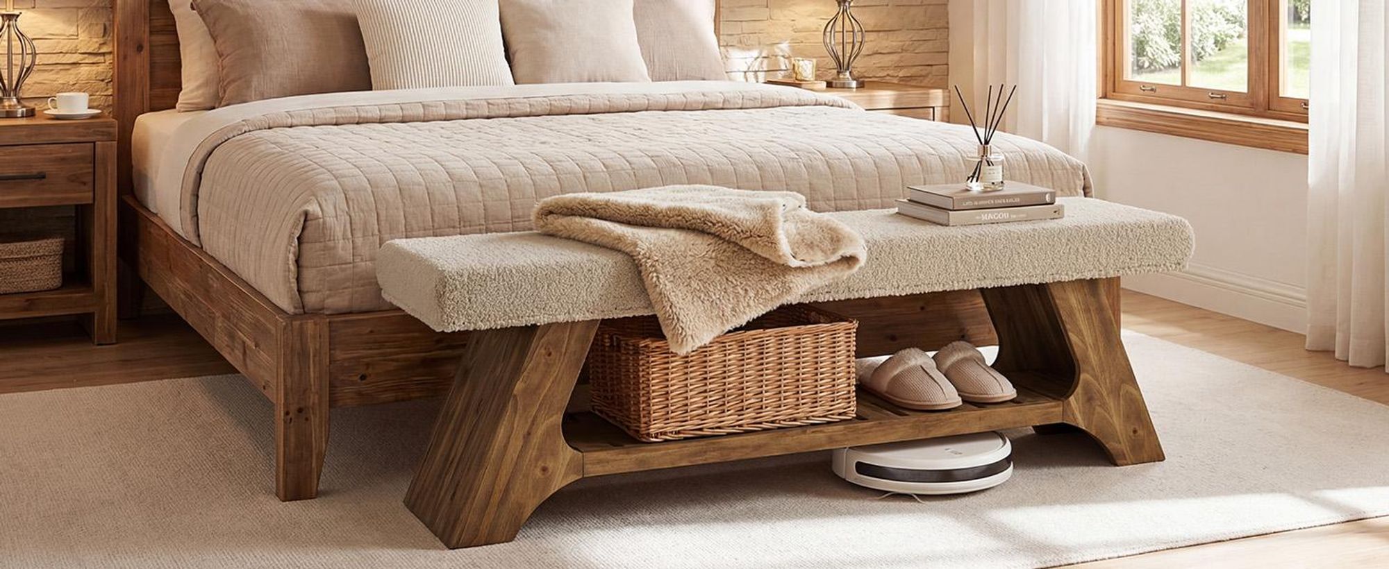 140 cm lange Sitzbänke mit Kissen und Schuhablage, zweistufige Schuhbank, gepolsterte Eingangsbank im Landhausstil für Schlafzimmer oder Flur