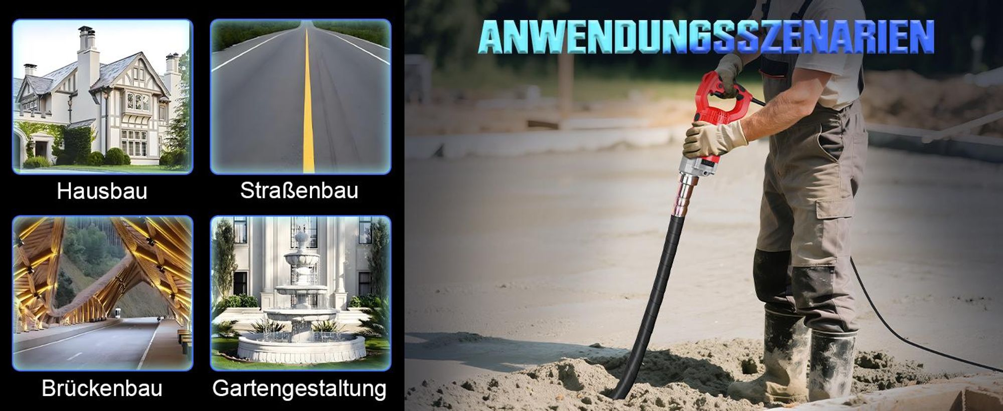 2100W Betonrüttler, Elektro Beton-Innenrüttler mit Länge 1.5m Ø38mm Rüttelkopf, Selbstsperrschalter Betonverdichter Handrüttler für Straßenbau Hausbau