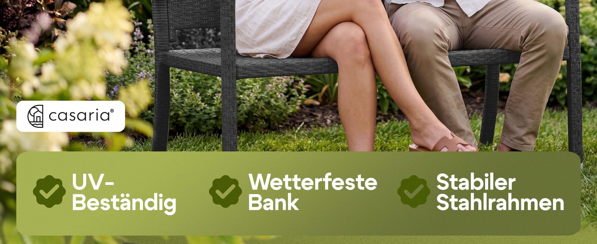 CASARIA Gartenbank wetterfest, Polyrattan, 2-Sitzer 122 cm, 320 kg, Creme