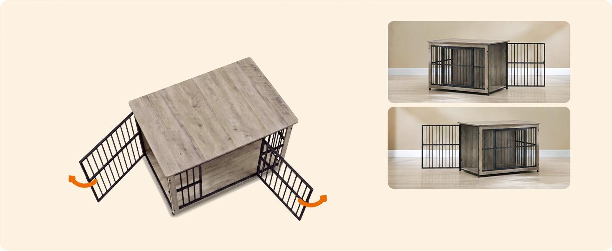 Feandrea Hundekäfig Möbel, Hundebox, moderne Hundehütte indoor für Hunde bis zu 32 kg, hochbelastbar, geschlossener Boden, 2 Türen, greige