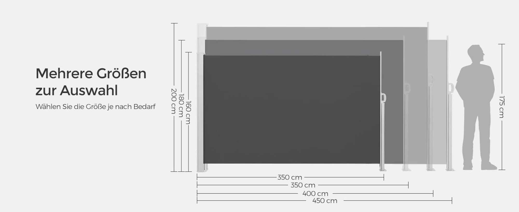 SONGMICS Seitenmarkise, Sichtschutz, 180 x 300 cm, ausziehbar，Markise, aus 220 g/m² Polyester,Blickdicht, Seitenrollo, für Balkon, Terrasse, Garten, anthrazit GSA180TG
