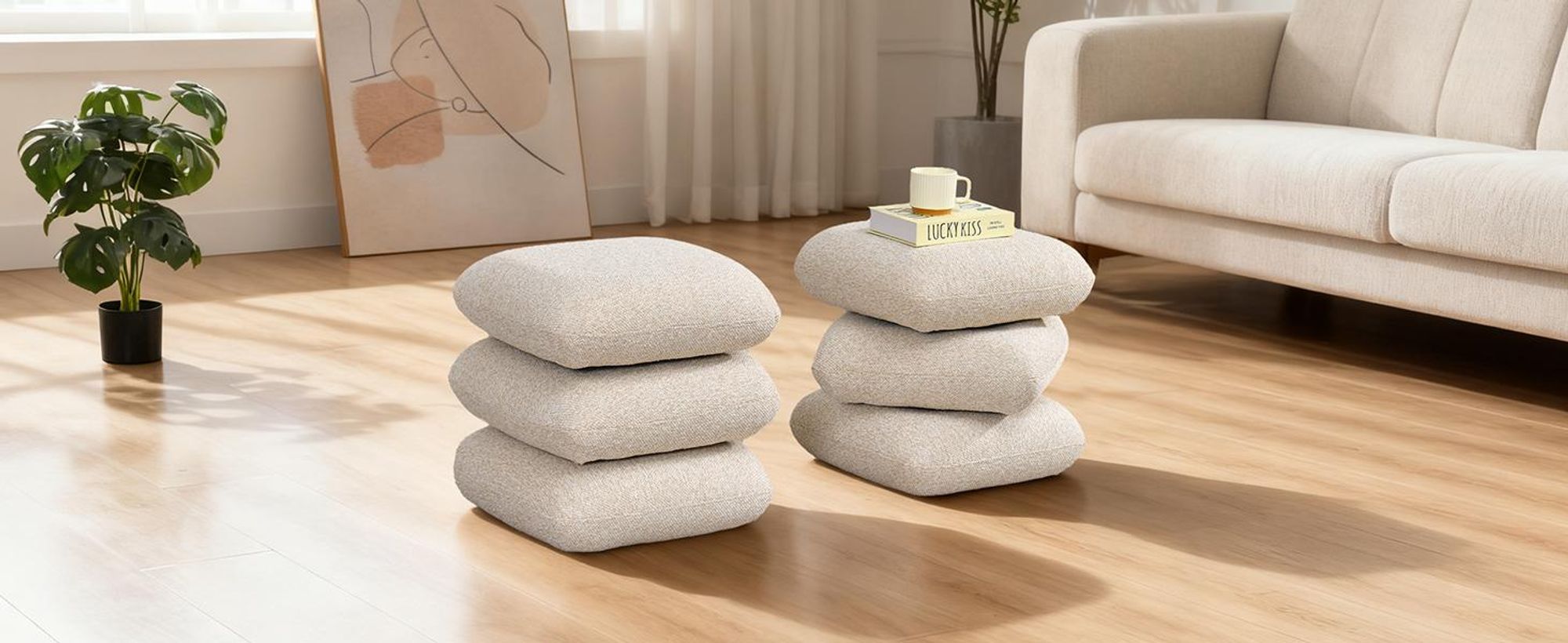 Duhome Sitzhocker aus Bouclé Polsterhocker 360° Drehbar Ottoman Modern Fußhocker für Wohnzimmer Schlafzimmer Flur, Beige