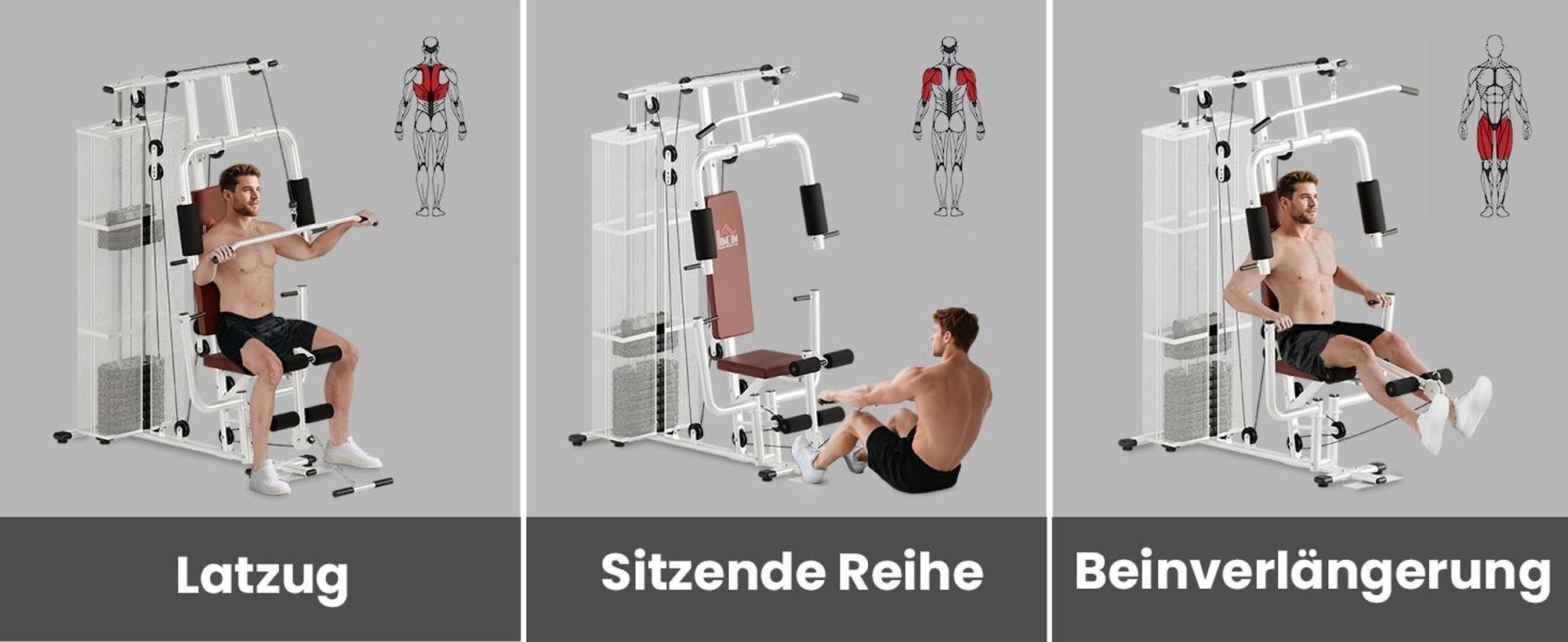 HOMCOM Gym Kraftstation mit Stahlnetz Fitnessstation Multigym Fitnesscenter Fitnessgerät inkl. 45 kg Gewichten Latzug Beincurl Metall Kunstleder