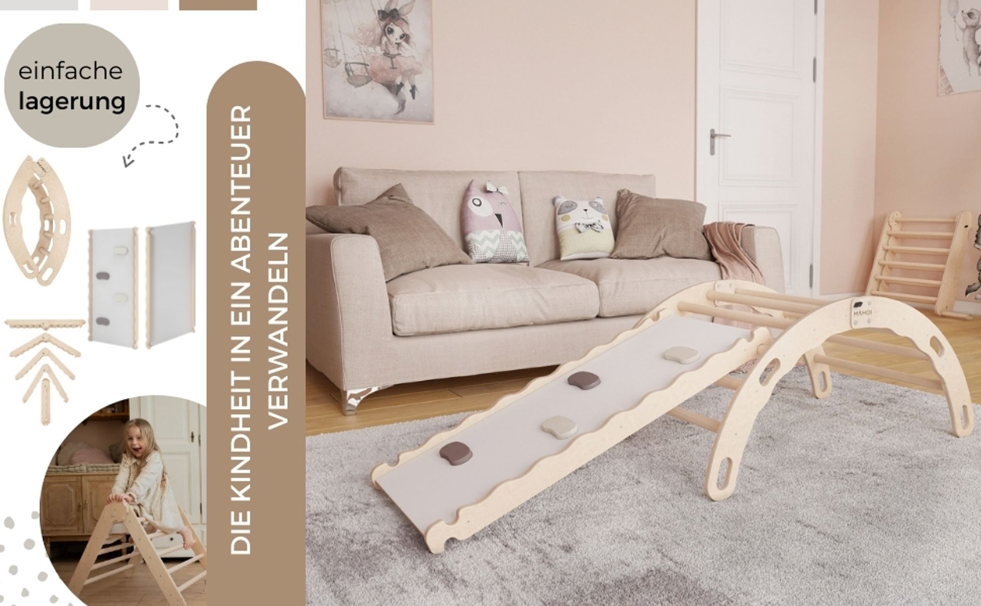 MAMOI® Kletterbogen mit rutsche, Kletterdreieck, Baby klettern, Regenbogenwippe aus holz, Holzbogen für Kinder, Rutschbrett für spielplatz, Kletterger