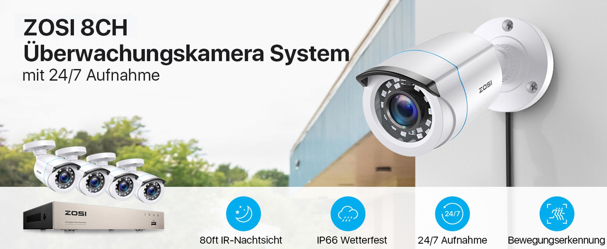 ZOSI 8CH H.265+ DVR Video Überwachungssystem mit 4 Außen 2.0MP Überwachungskamera Set ohne Festplatte, IR Nachtsicht, Bewegungsalarm