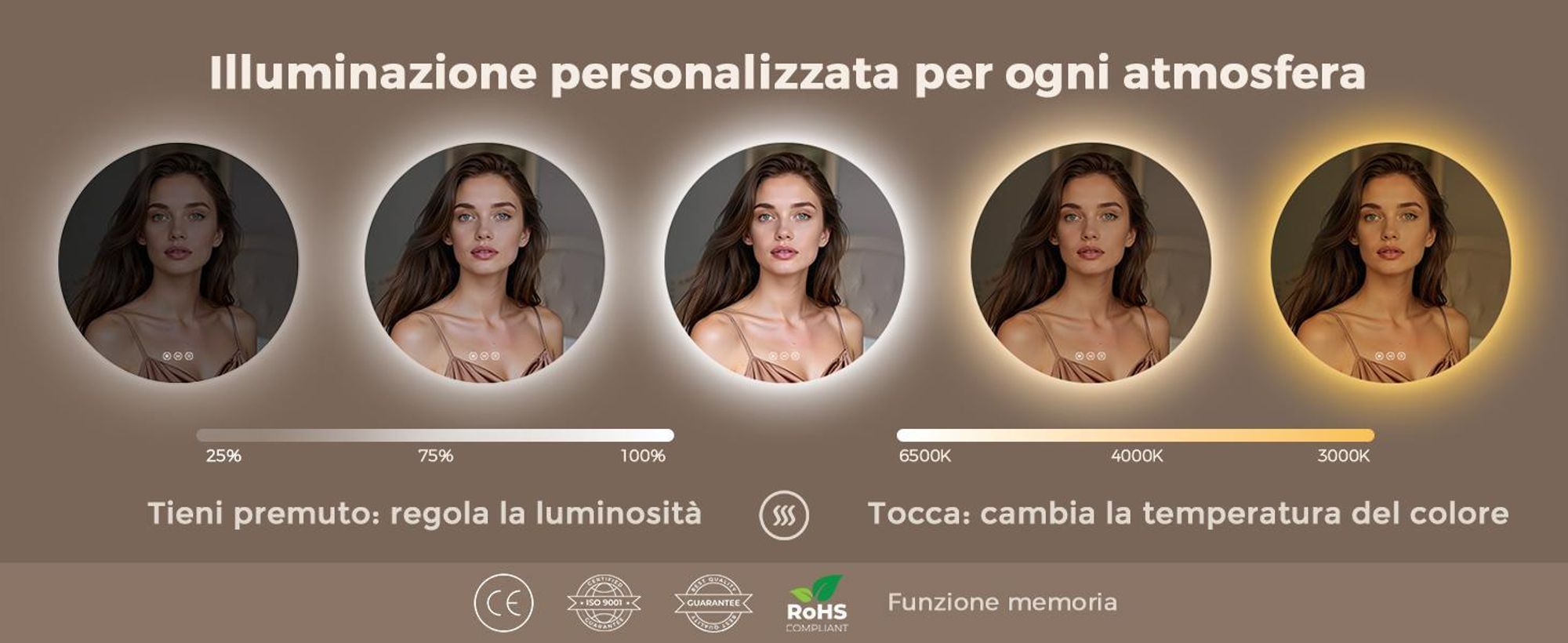 Specchio da bagno con illuminazione, rotondo, 80 cm, S'AFIELINA LED, intensità regolabile, 3 tonalità di luce, antiappannamento, comando touch, funzione di memorizzazione, IP65, impermeabile per il bagno