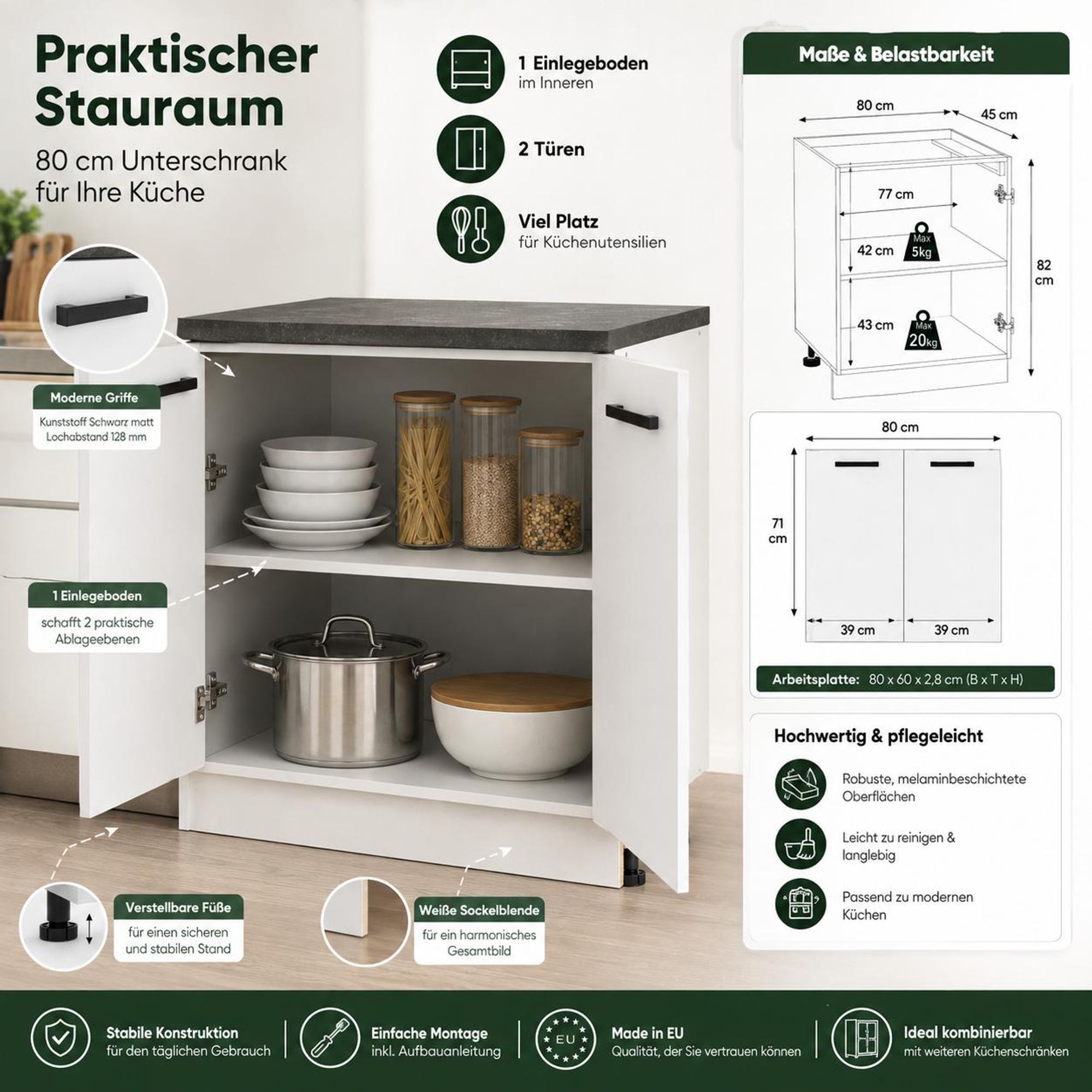 Küchenunterschrank 80 cm Mattweiß: Stauraum mit Einlegeboden für Töpfe & Geschirr.