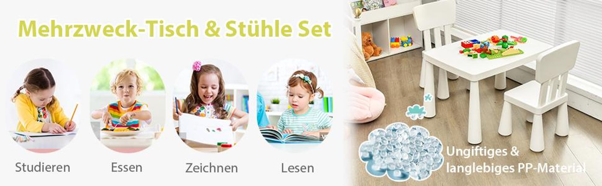 COSTWAY 3 tlg. Kindersitzgruppe, Kindertischgruppe, Kindertisch mit 2 Stühlen, Kindermöbel aus Kunststoff, Kinder-Tischset für Kinderzimmer Weiß