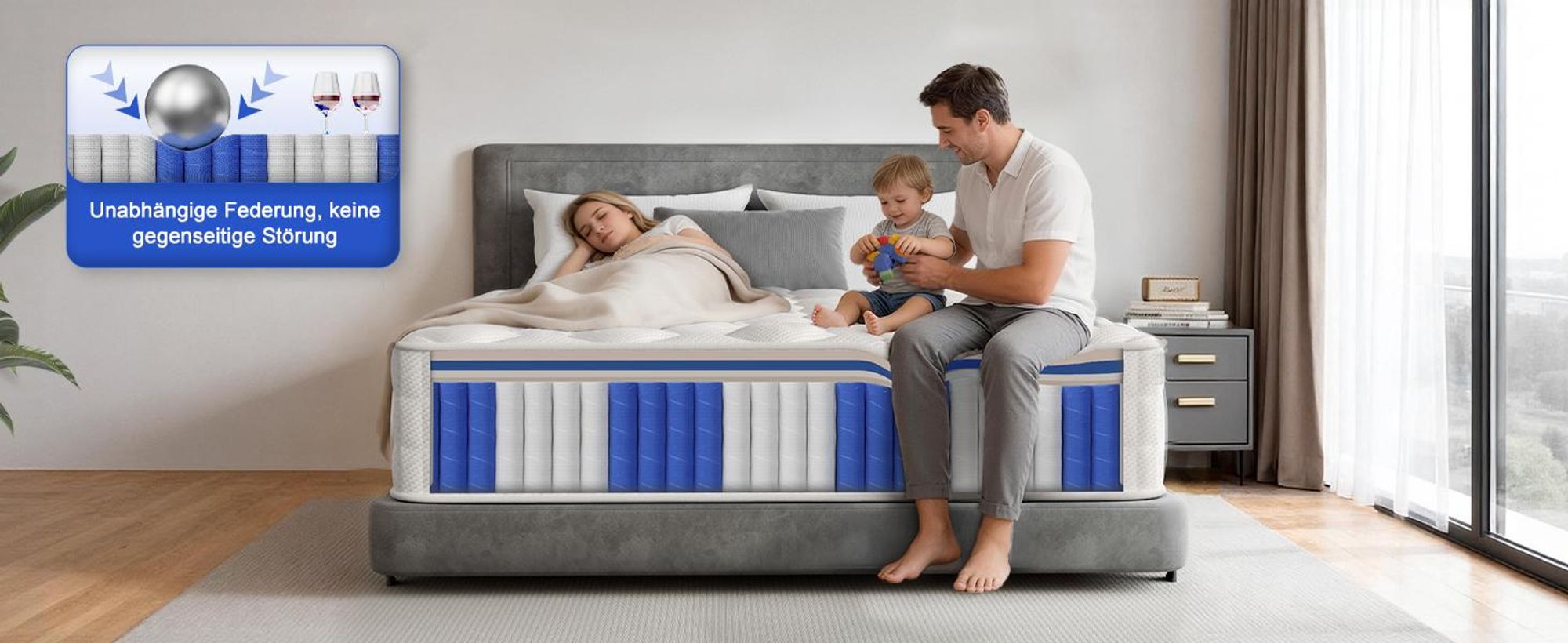 Hiazurm Matratze 140x200 cm, 7-Zonen Federkernmatratze mit Spannbettlaken, Höhe 22cm, H3, Taschenfederkernmatratze, Premium Taschenfederkern