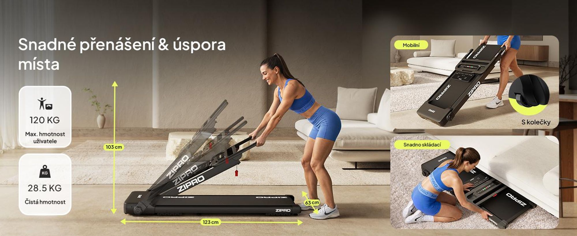 ZIPRO Forma Lite Elektrický skladací bežecký pás – ultra plochý dizajn, rýchlosť až 12 km/h a nosnosť 120 kg – kompatibilný s aplikáciou Bluetooth, tichý bežecký pás