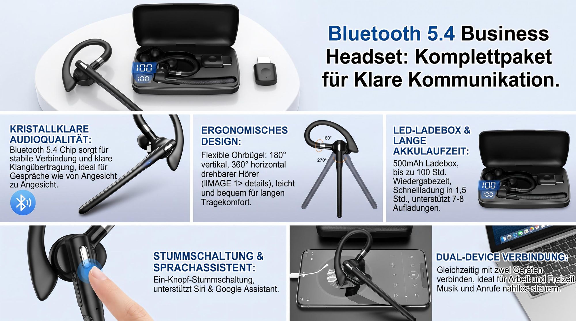Bluetooth 5.4 Kopfhörer mit Mikrofon, USB Adapter, Wireless Headset, 180h Standby, LED Ladebox, Schnellladung 1,5h, Freisprechen, Dual-Device, Business & Auto
