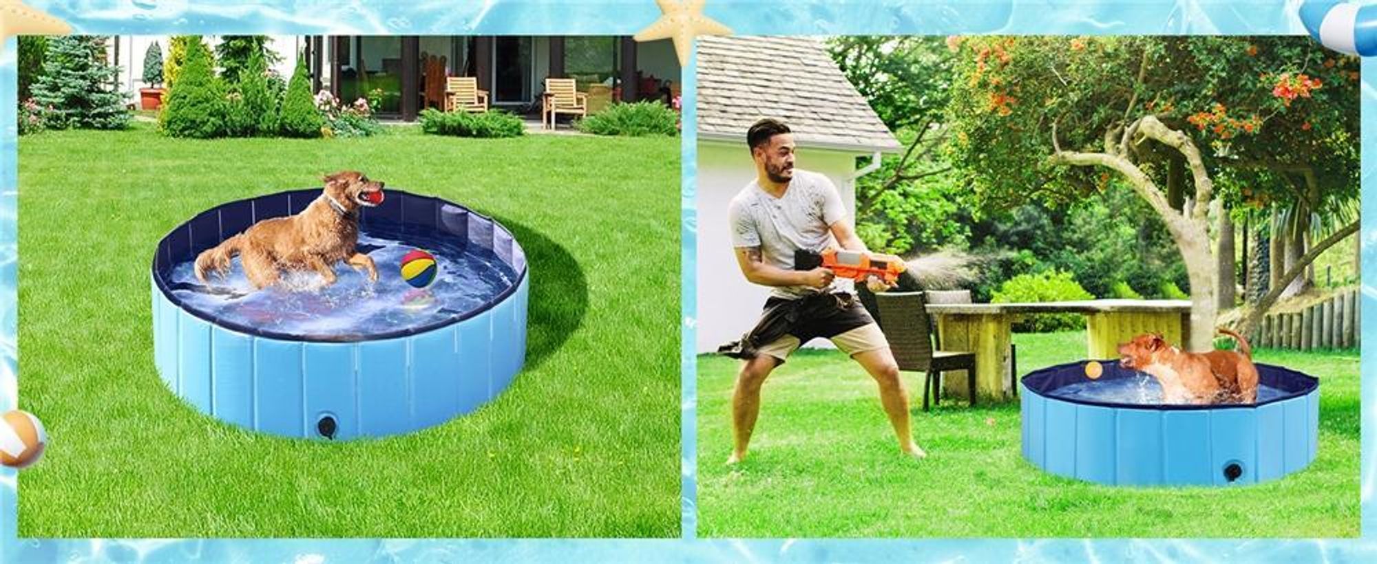 Yaheetech Faltbare Hundepool ⌀180 cm, Planschbecken für Hunde, mit Badebürste & 4 Flicken, Anti-Rutsch Hundebadewanne aus PVC, Blau