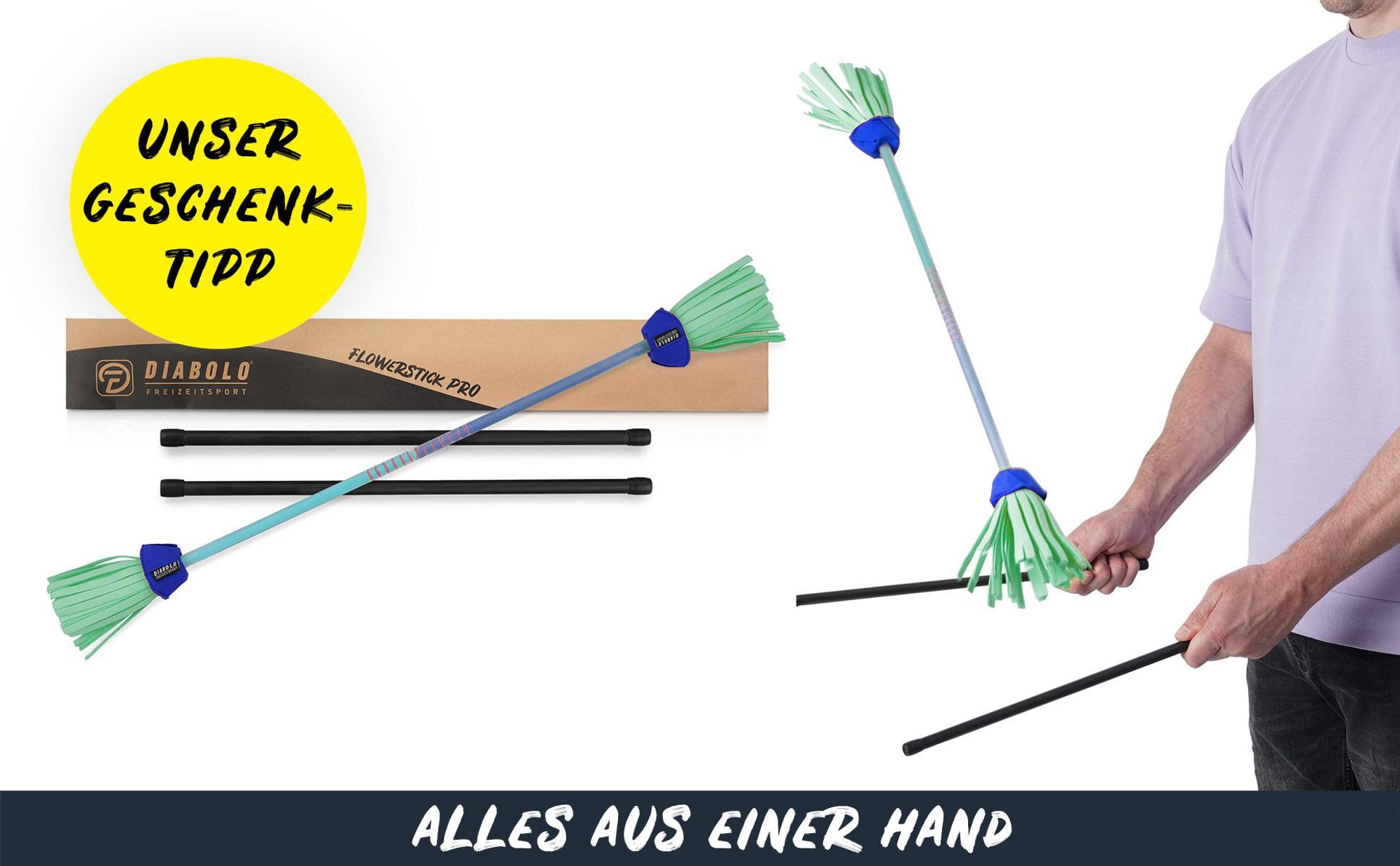 Diabolo Leisure Sport Flowerstick – Flowerstick Basic UV blau-türkis mit Fiberglas-Handstöcken Robuster Flowerstick für Anfänger und Fortgeschrittene