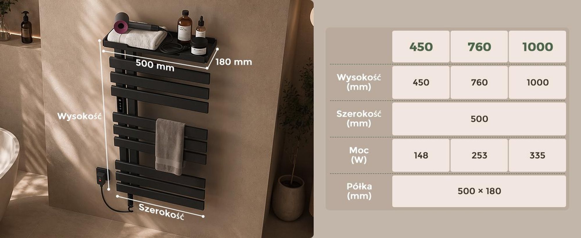 S'AFIELINA Grzejnik Łazienkowy Elektryczny 1050×500 mm 335 W Czarny, Grzejnik na Ręczniki z Półką, WiFi, Ogrzewanie Włóknem Węglowym, 6 Trybów