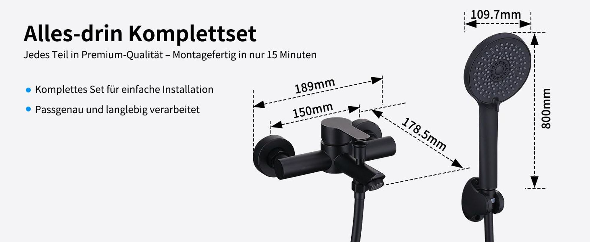 Homelody Badewannenarmatur mit Handbrause, Mischbatterie Badewanne Wandmontage, 2 Ausgänge Einhebelmischer Duscharmatur mit Wanneneinlauf, Schwarz