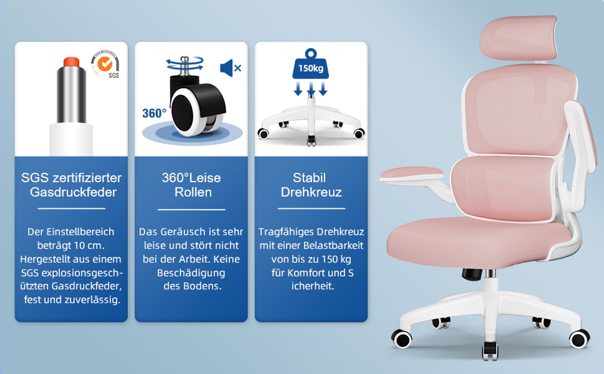 Aiibot Bürostuhl Ergonomisch Schreibtischstuhl Verstellbarer Kopfstütze Umklappbare Armlehnen Lordosenstütze Drehstuhl Chefsessel Wippfunktion 150kg