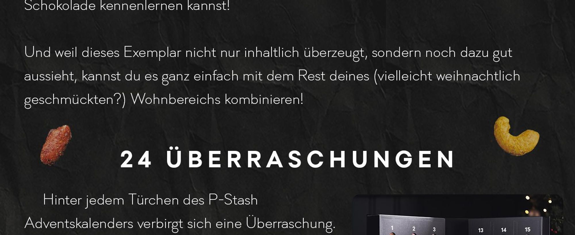 P-Stash Adventskalender 2026 Weihnachtskalender mit Nüssen und Schokolade - Pistazien, Mandeln, Haselnüsse, Erdnüsse uvm. - Nussmischung handgeröstet