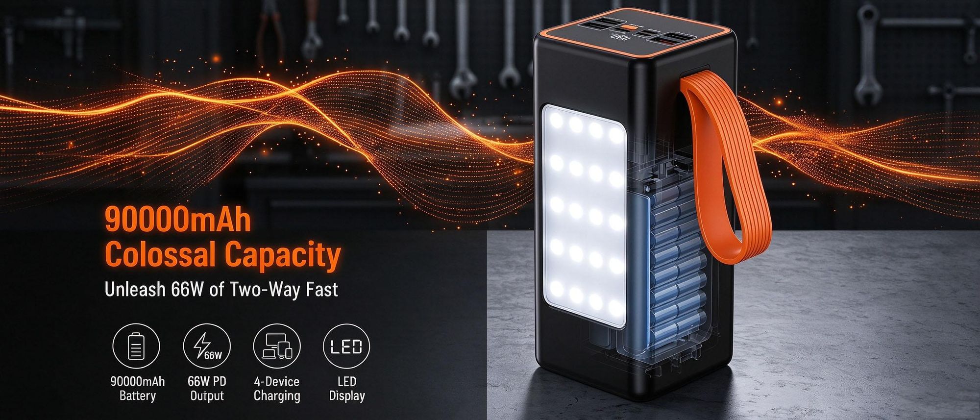 Juksun Powerbanks, Powerbank mit 90000 mAh, USB-C-Anschluss, für Outdoor Reisen und Camping, mit LED und Taschenlampe, 22,5 W Schnellladefunktion