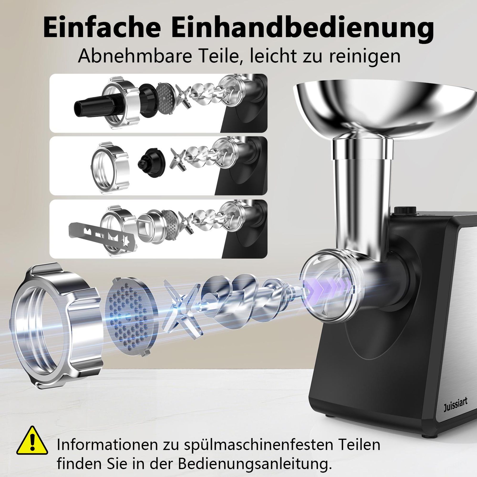 Juissiart MG4150R Elektrischer Fleischwolf - 300W Leistung 1.2KG/Min Fleischausbeute Klingenmaterial 420 pulvermetallurgischer Stahl - Schwarz