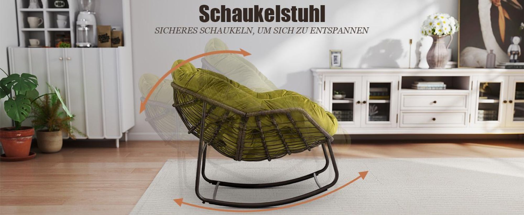 LVHOM Schaukelsessel Garten mit Kissen, 2 Stk. Rattanstühle mit Stahlrahmen, Schaukelstuhl Lounge-Schaukelsessel, Sessel für Balkon, Olivgrün