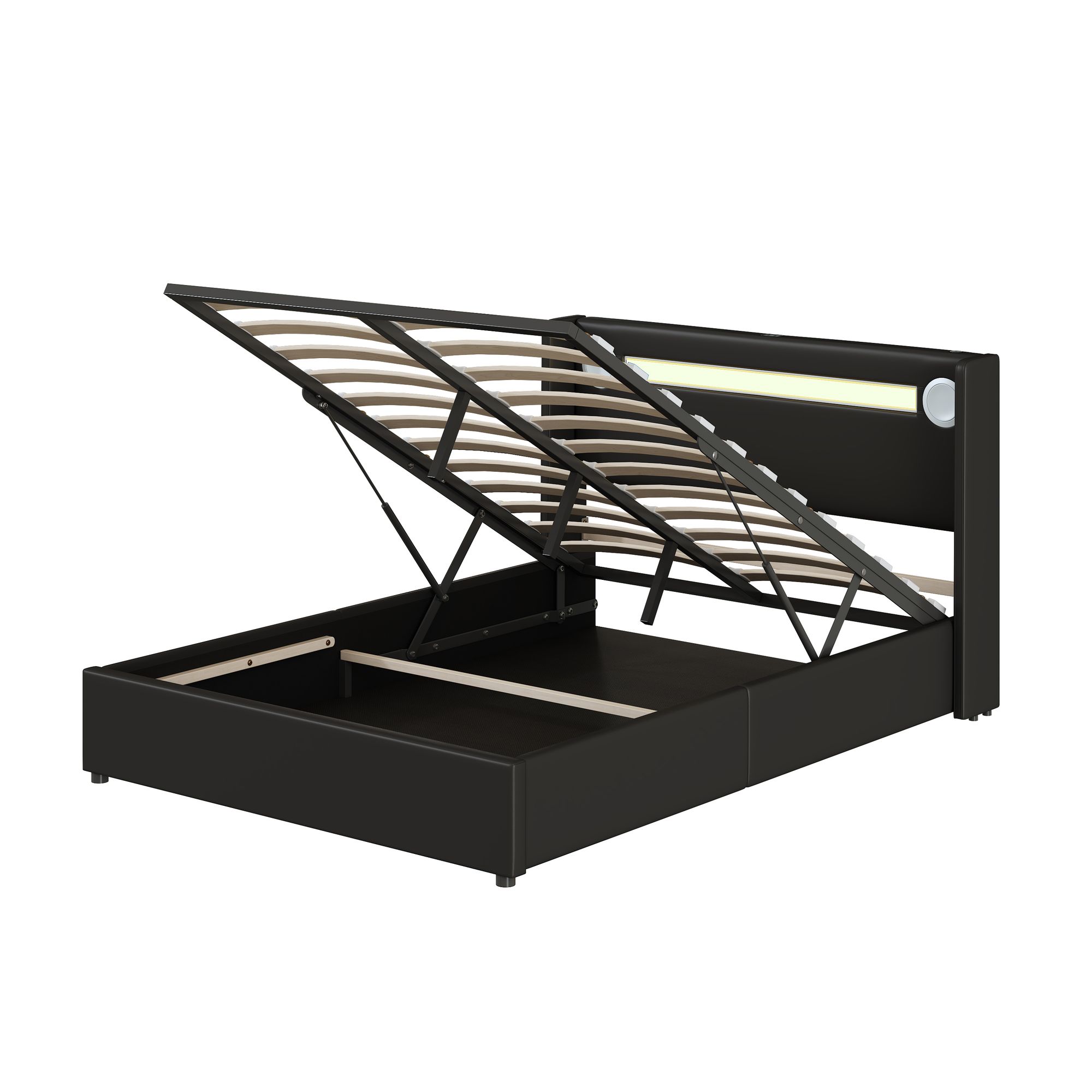 Flieks Polsterbett 140x200cm mit USB und Bluetooth-Player, Boxspringbett Doppelbett mit LED und Lattenrost, Stauraumbett Jugendbett, PU, Schwarz