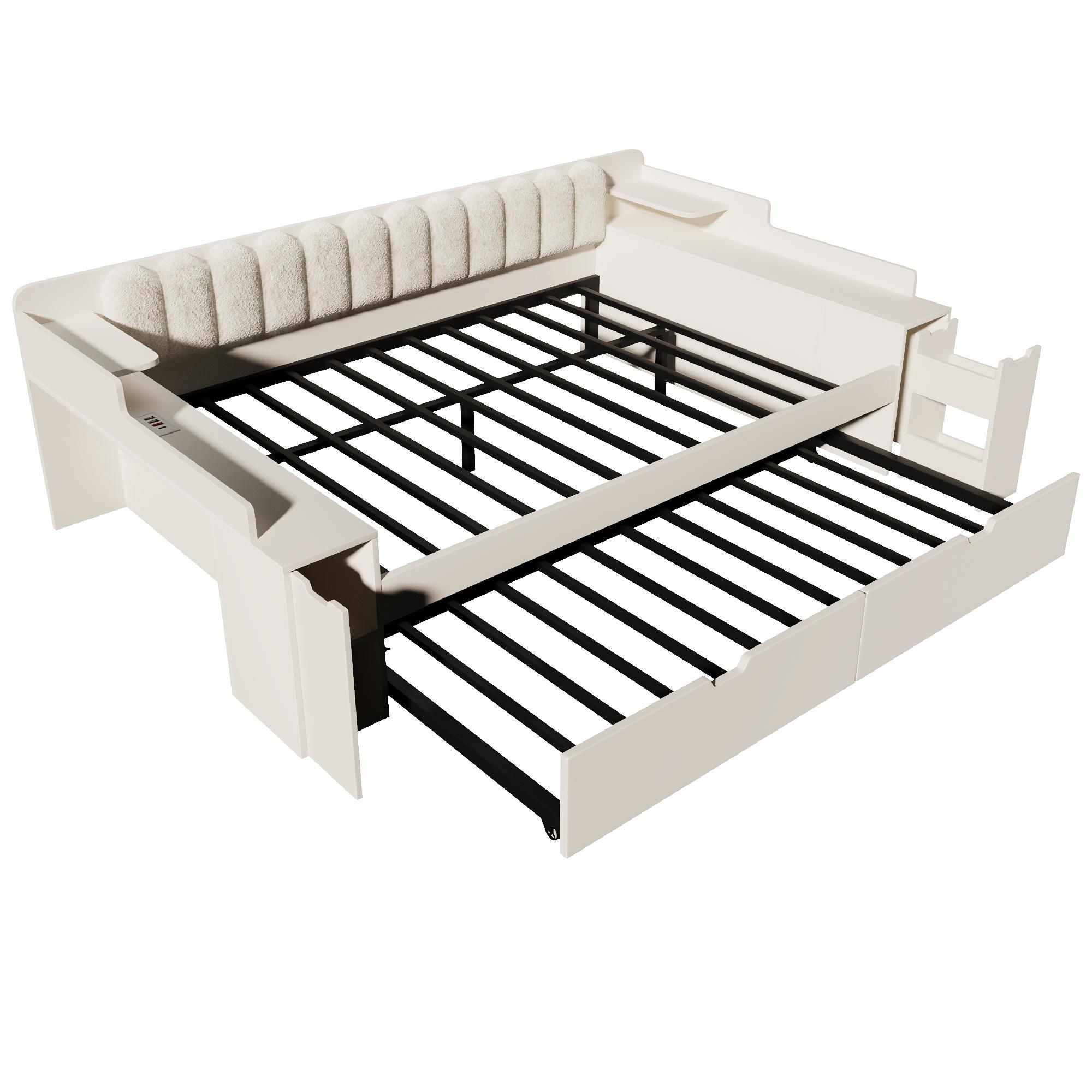Flieks Tagesbett 140x192cm mit Ausziehbett, Doppelbett mit Ladestation und Rollwagen, Holz-Bettgestell mit Stauraum und Rückenlehne, Weiß, MDF+Metall