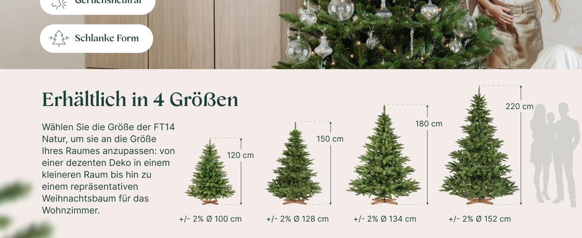 FairyTrees Weihnachtsbaum künstlich 220cm NORDMANNTANNE mit Christbaum Holzständer |  Tannenbaum künstlich mit grünem Stamm |  EU