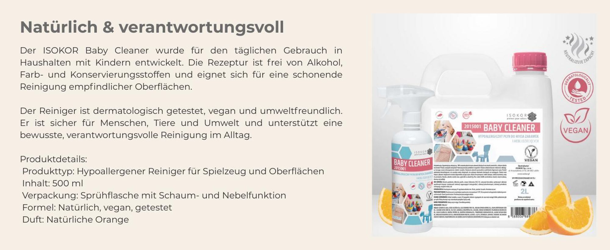 ISOKOR | Baby Cleaner | 500 ml | Hypoallergener Spielzeugreiniger für Babys | Natürlicher Reiniger für Möbel, Textilien & Kinderzimmer