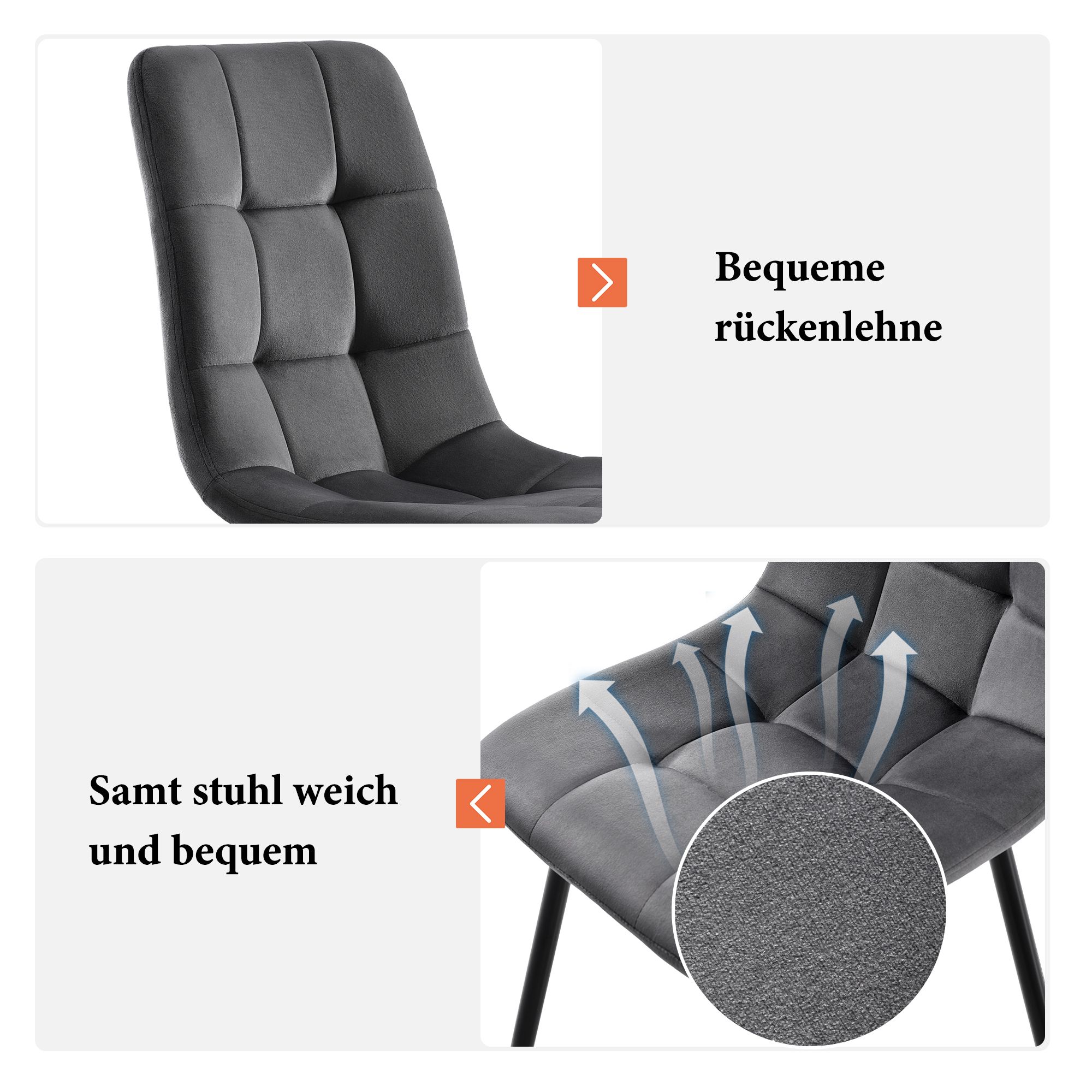 Flieks Essgruppe Esstisch mit 4 Esszimmerstuhl, Sitzgruppe Küchentischset 5tlg., Küchentisch mit 4 Esszimmerstuhl, Stuhl mit Samtbezug, Grau
