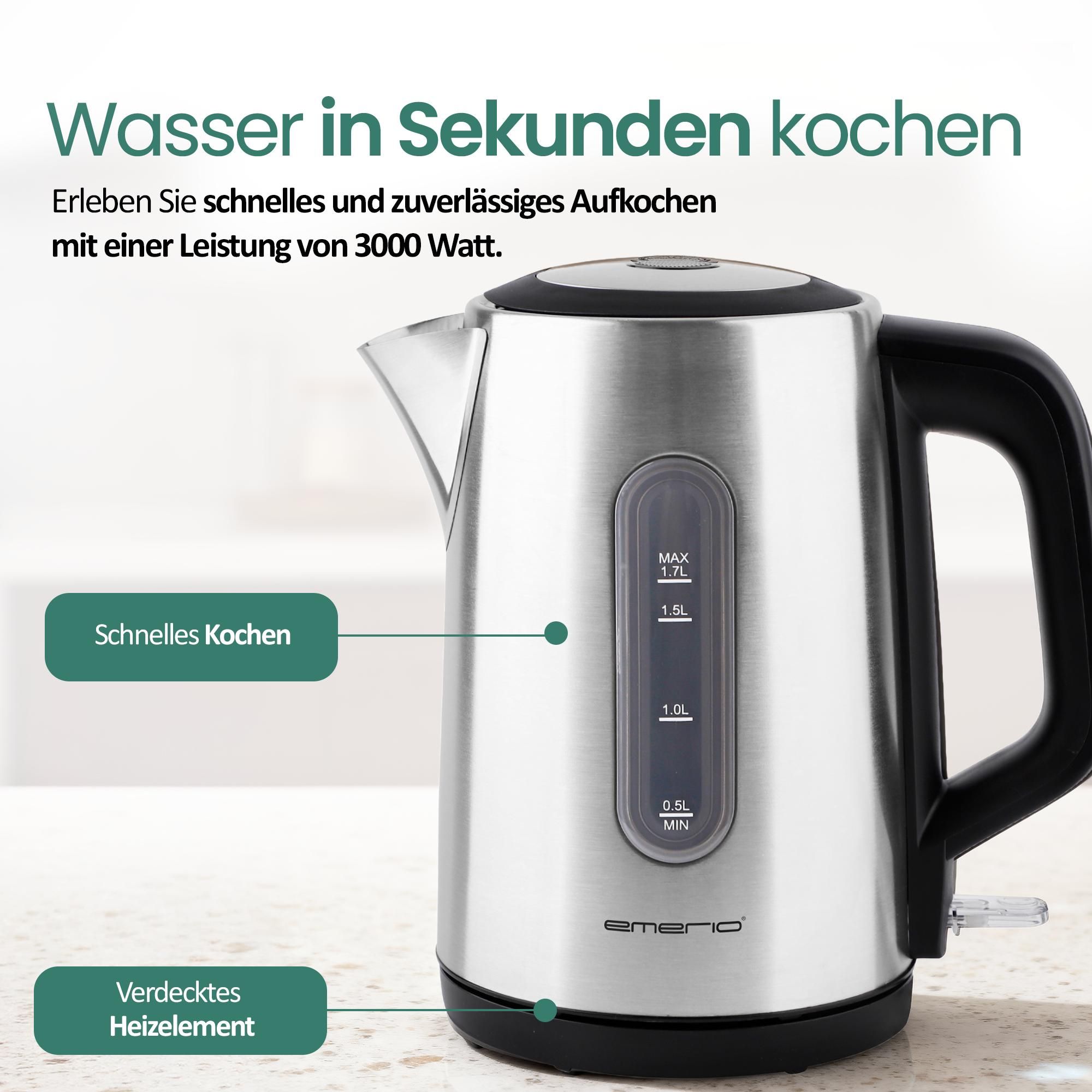 Emerio Wasserkocher 3000 W – 1,7 L – Wasserstandsanzeige – Verdecktes Heizelement – Automatische Abschaltung – 360° kabelloses Design – WK-133040