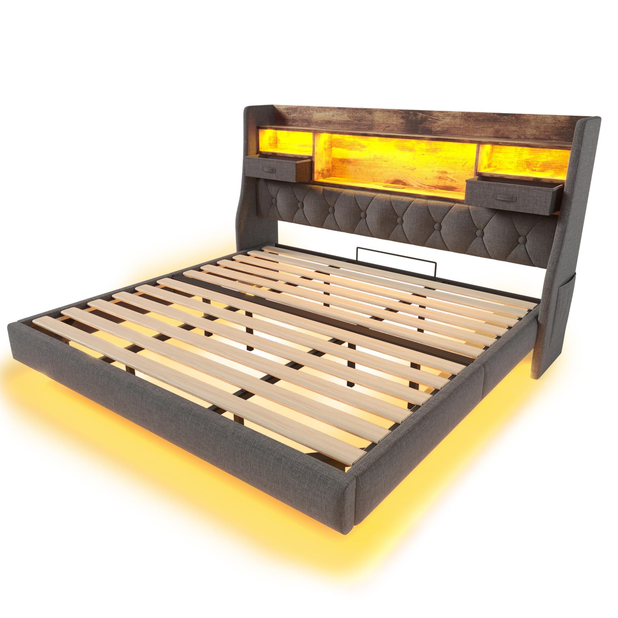 Flieks Polsterbett 160x200cm mit USb & Type-c, Doppelbett Jugendbett mit Led, Holzbett Stauraumbett mit Ablagen und Schubladen, Leinen, Grau