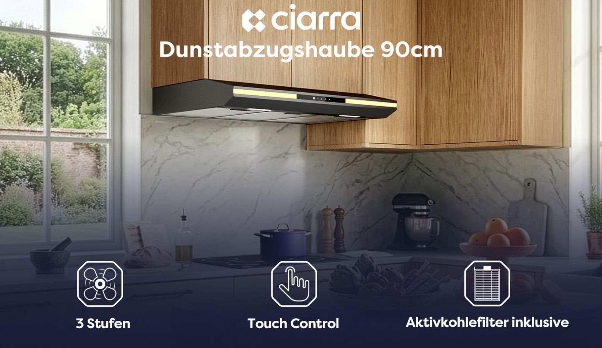 CIARRA Dunstabzugshaube 90cm 300 m³/h Einbau-Dunstabzugshaube SensorTouch 3 Stufen mit LED Leise Abluft & Umluft VM90921B