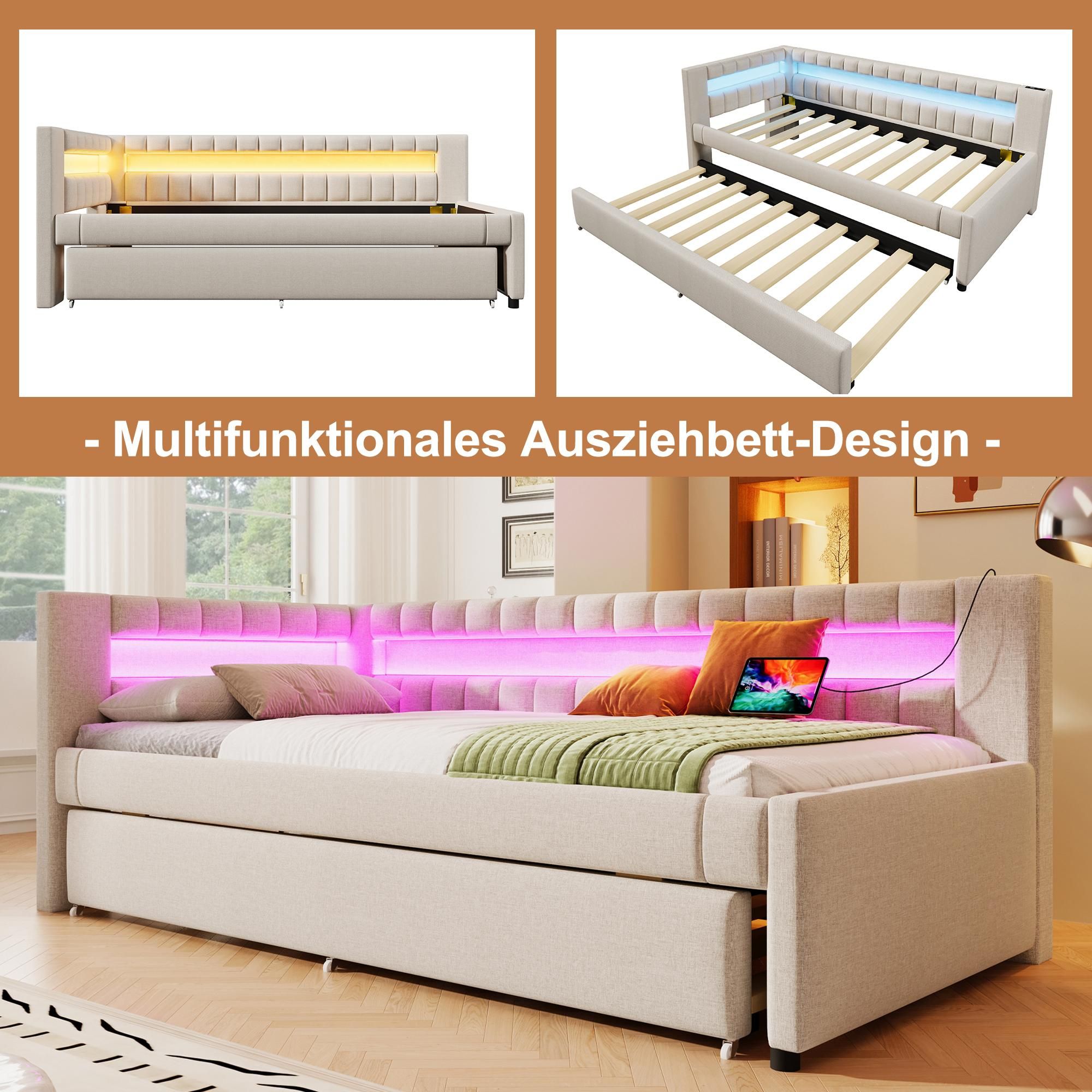Merax Tagesbett Daybett 90x200 cm, mit Ausziehbett 90x190 cm, LED, USB und Type-C, Schlafsofa, Schlafsofa, Grau
