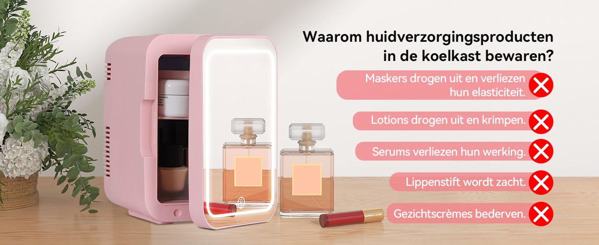 Puluomis Mini-koelkast 4L met LED-spiegel, draagbaar, geschikt voor cosmetica, als koelbox en verwarmingsbox, roze/lichtroze
