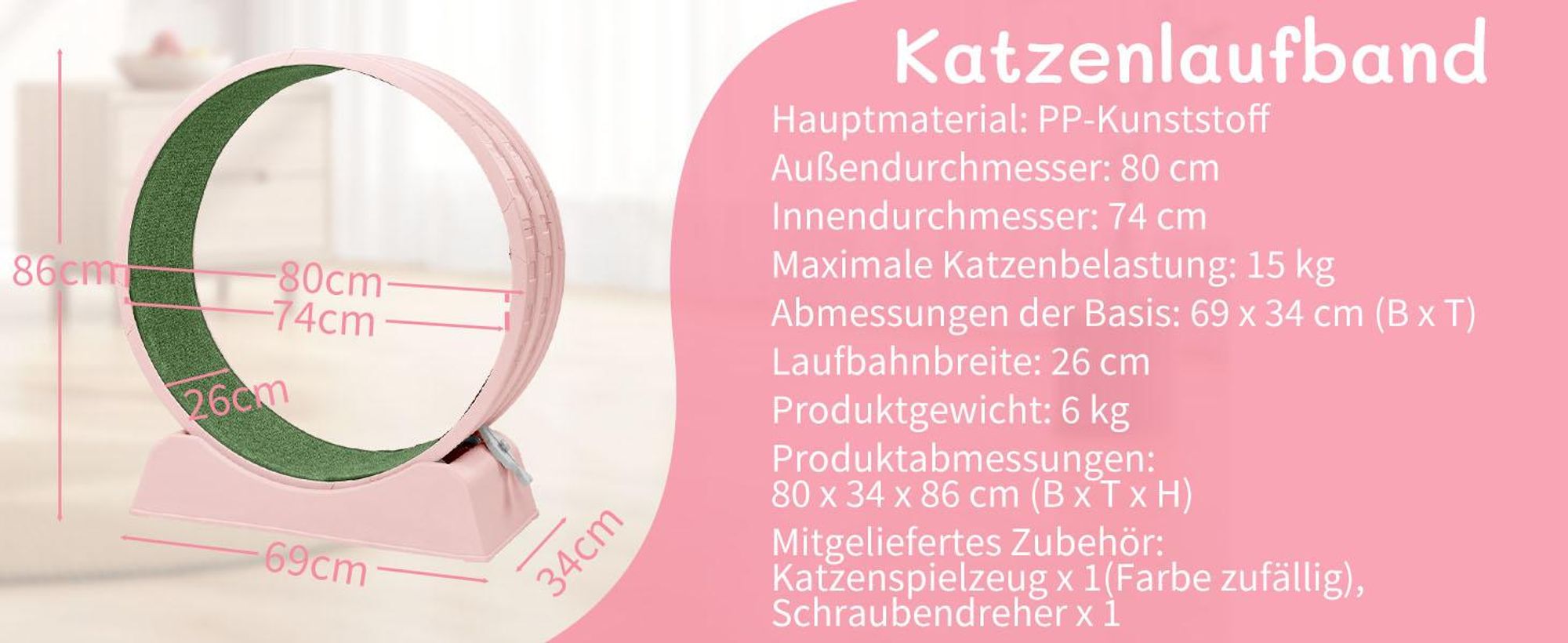 FCH Katzenlaufrad, Laufband für Katzen, Innendurchmesser 80cm, PP-Kunststoff, leise Laufband und Sicherheitsschloss-Design, Rosa