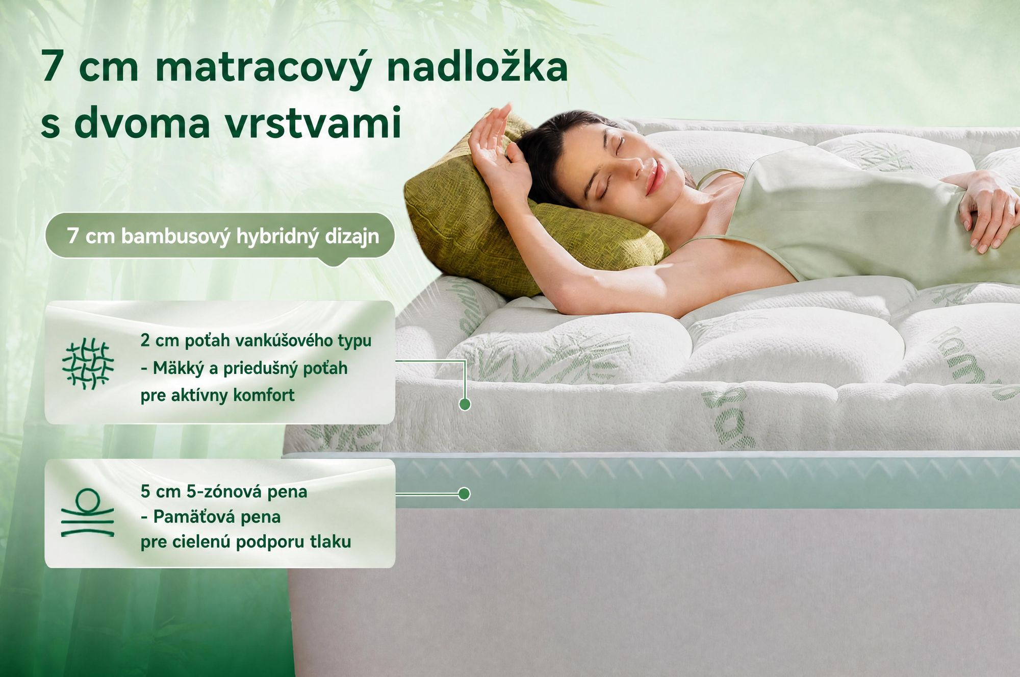 NicePlus, vrchná matrace 2 v 1, 90x200x7 cm, 5-zónová pamäťová pena + vrchná vrstva z bambusu, s rohovými gumičkami vhodná pre všetky matrace, tvrdosť H2/H3, zelená